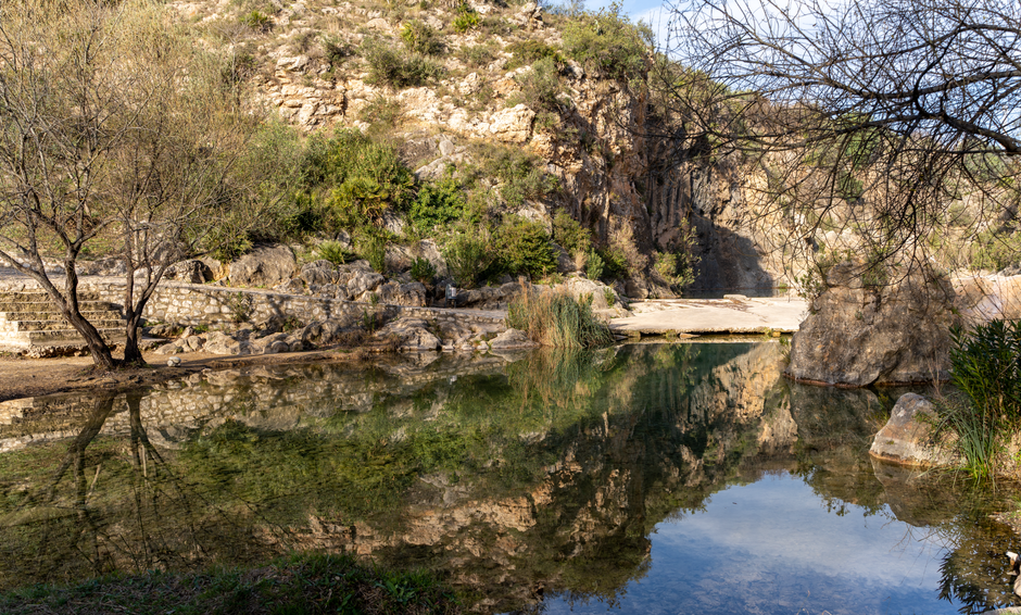 Poza natural de aguas verdes en un cañón de roca rodeado de vegetación